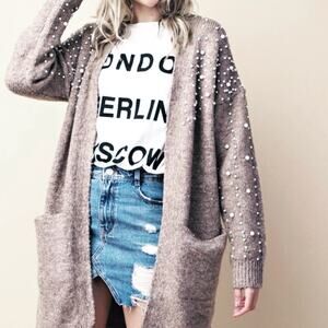 NWT Davi & Dani Pearl Sweater Cardigan Beige Longline Open Front Boho Size 3XL